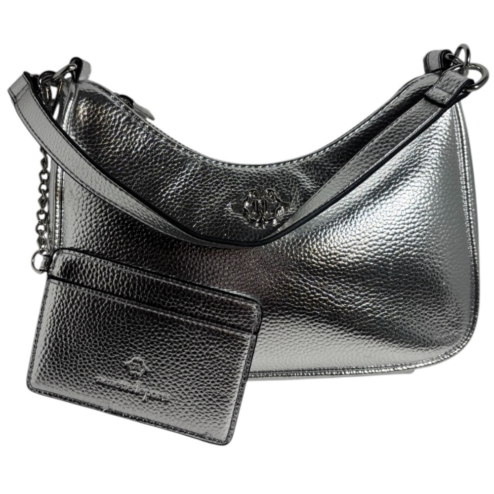 Nanette Lepore Mini Hobo Purse and Card Case Silver Metallic Zip Top Closure